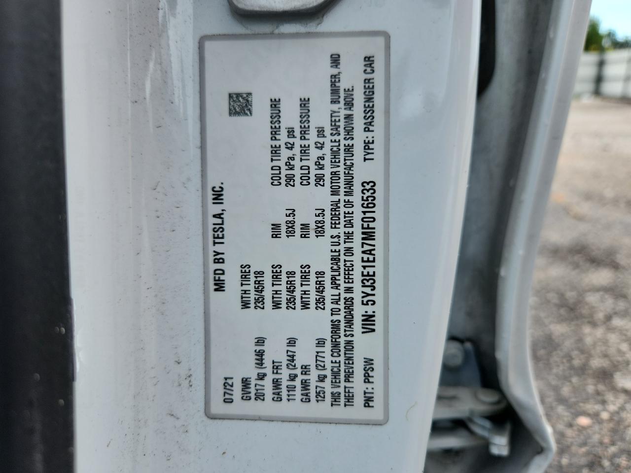 2021 Tesla Model 3 VIN: 5YJ3E1EA7MF016533 Lot: 63193575