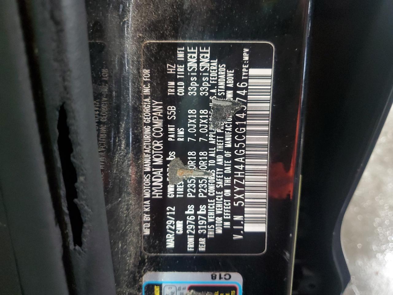2012 Hyundai Santa Fe Se VIN: 5XYZH4AG5CG145746 Lot: 65472855