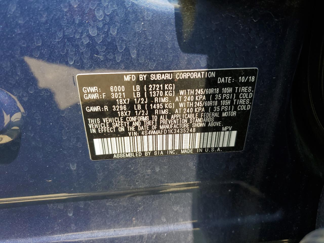2019 Subaru Ascent Premium VIN: 4S4WMAFD1K3435248 Lot: 63969985