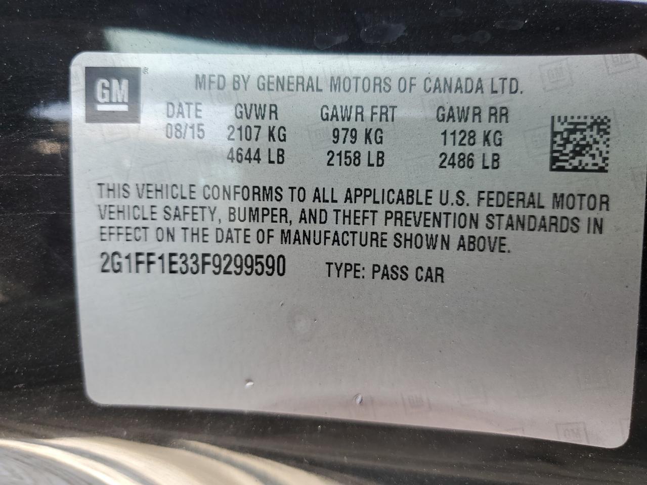 2015 Chevrolet Camaro Lt VIN: 2G1FF1E33F9299590 Lot: 62846415