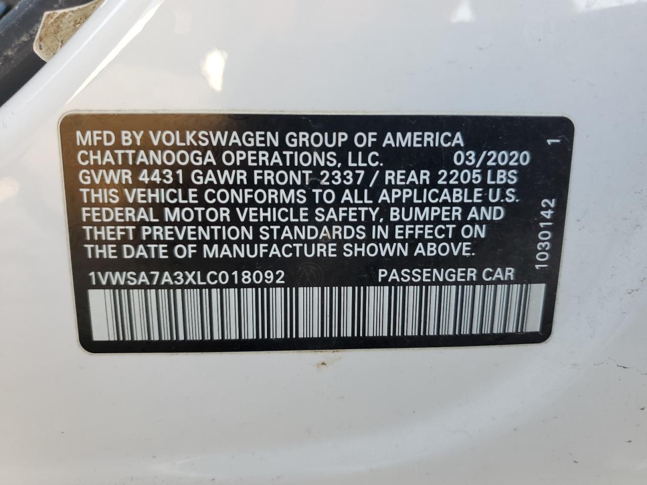 2020 Volkswagen Passat Se VIN: 1VWSA7A3XLC018092 Lot: 63503985