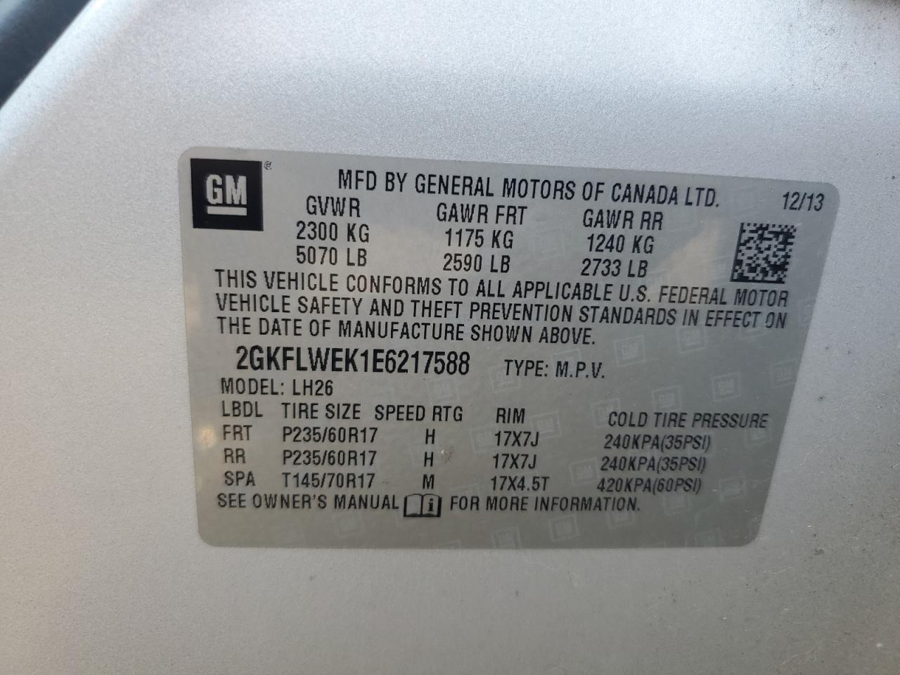 2gkflwek1e6217588 2GKFLWEK1E6217588 2014 GMC Terrain Sle