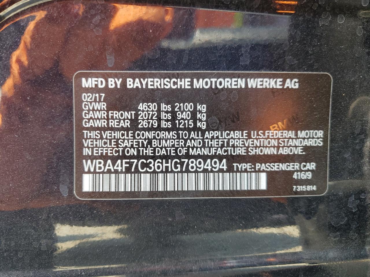 2017 BMW 430I Gran Coupe VIN: WBA4F7C36HG789494 Lot: 64695965