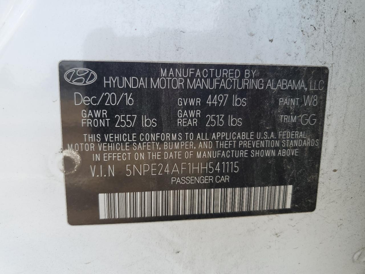 2017 Hyundai Sonata Se VIN: 5NPE24AF1HH541115 Lot: 65121865