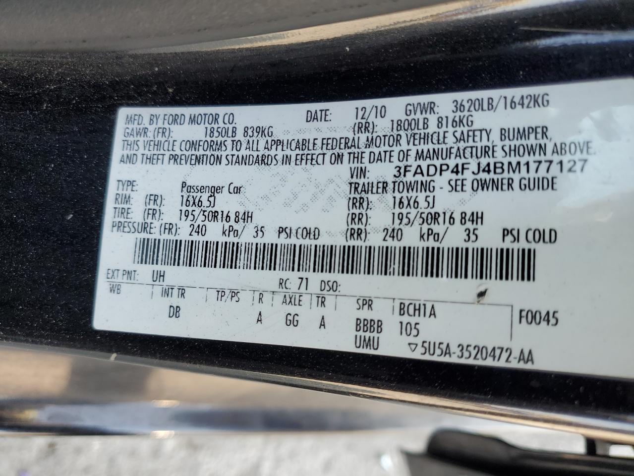 2011 Ford Fiesta Ses VIN: 3FADP4FJ4BM177127 Lot: 64692635