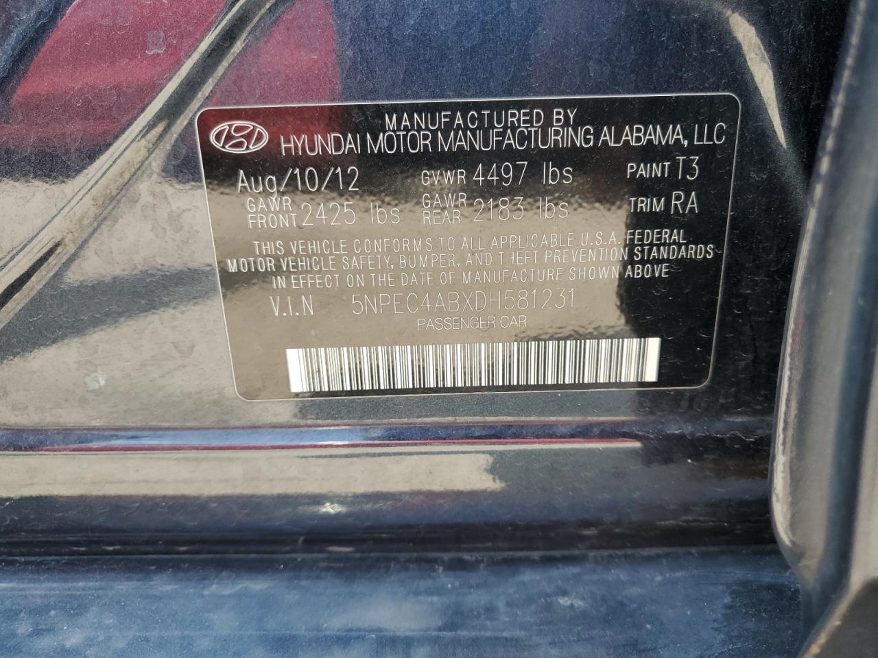 2013 Hyundai Sonata Se VIN: 5NPEC4ABXDH581231 Lot: 64540115