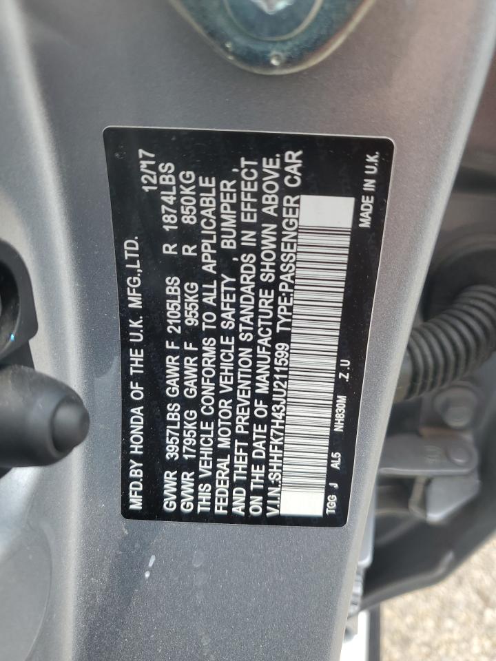 2018 Honda Civic Sport VIN: SHHFK7H43JU211599 Lot: 64427035