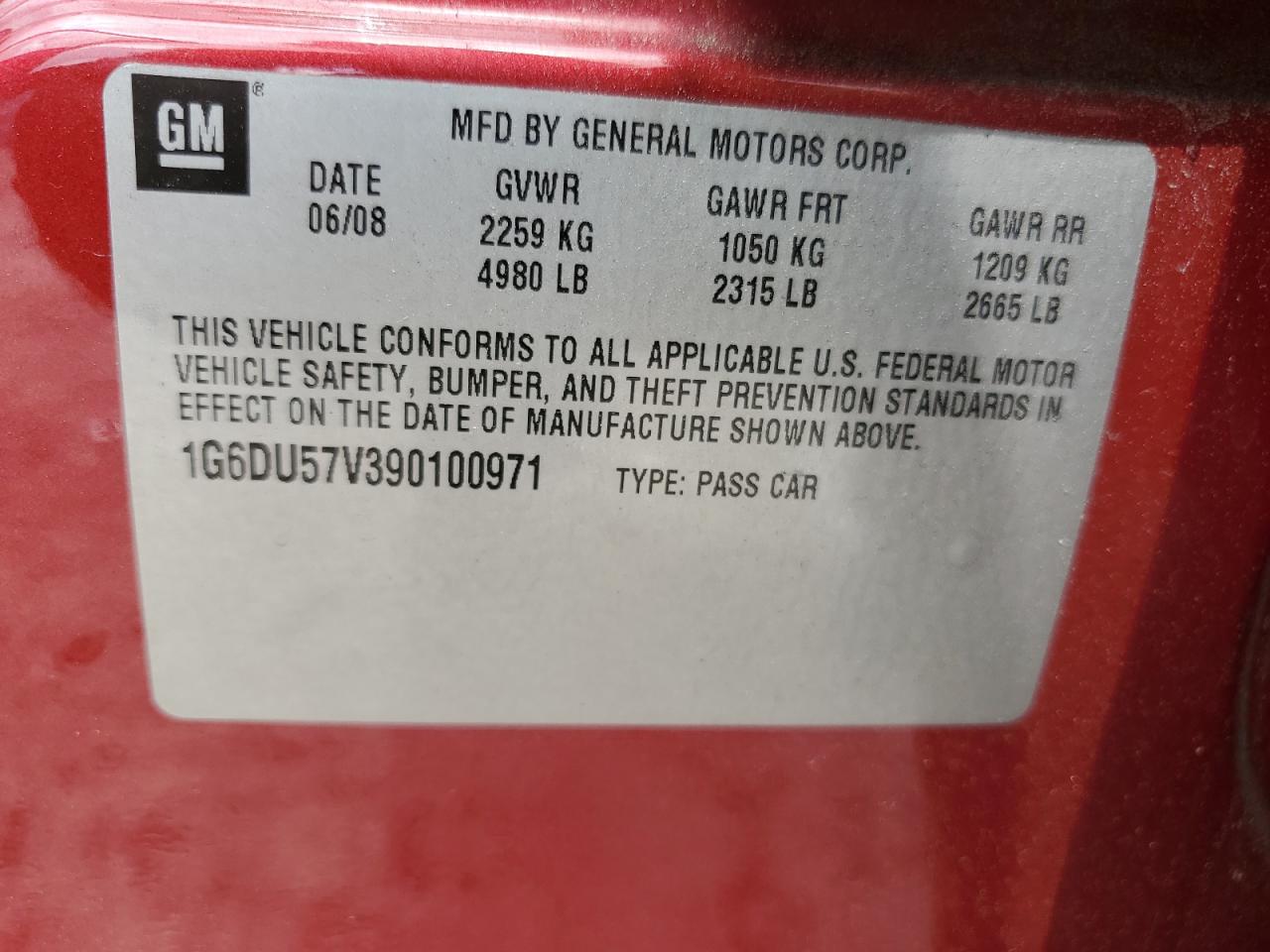 2009 Cadillac Cts Hi Feature V6 VIN: 1G6DU57V390100971 Lot: 63163275