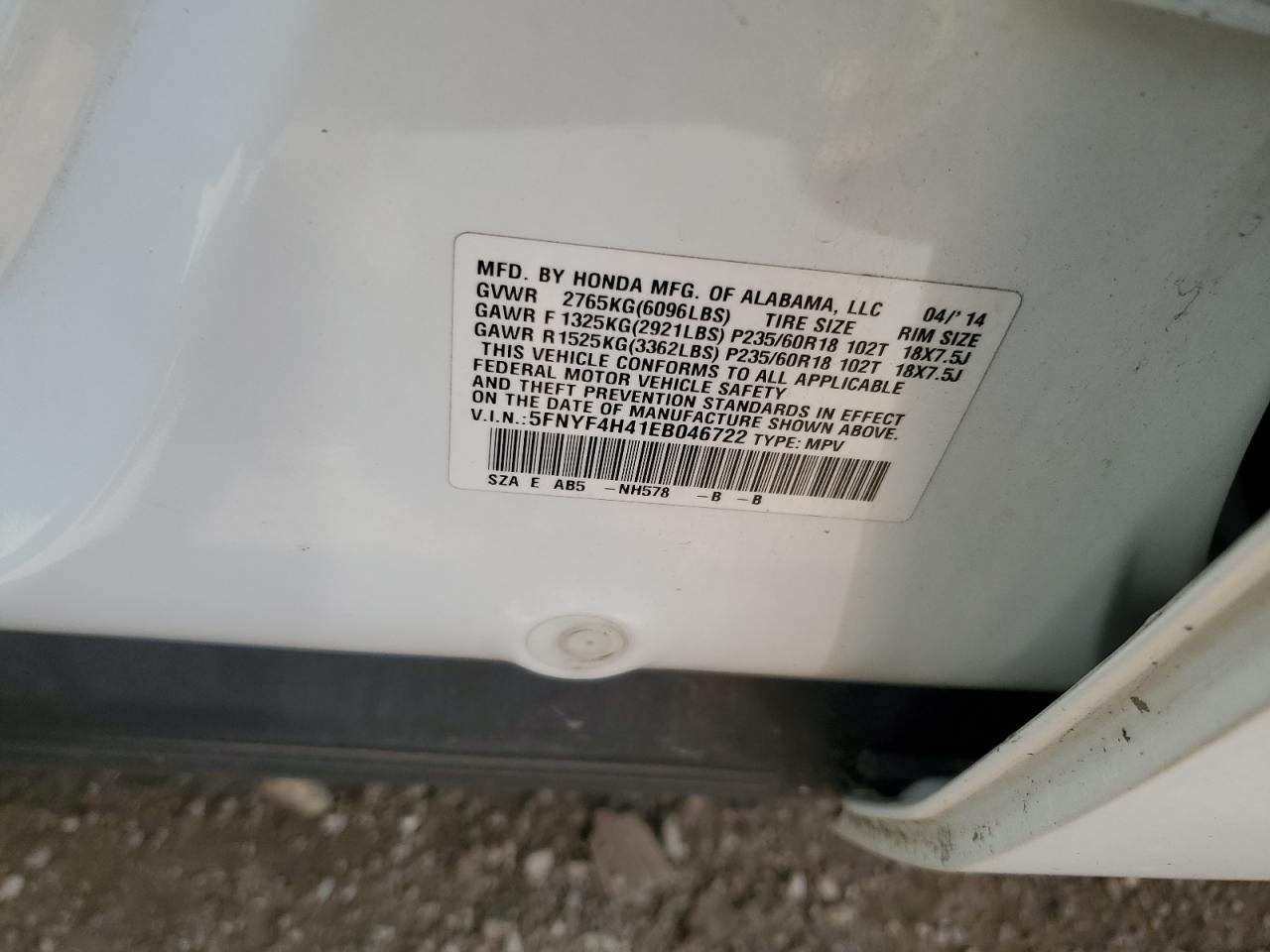 2014 Honda Pilot Ex VIN: 5FNYF4H41EB046722 Lot: 63523675