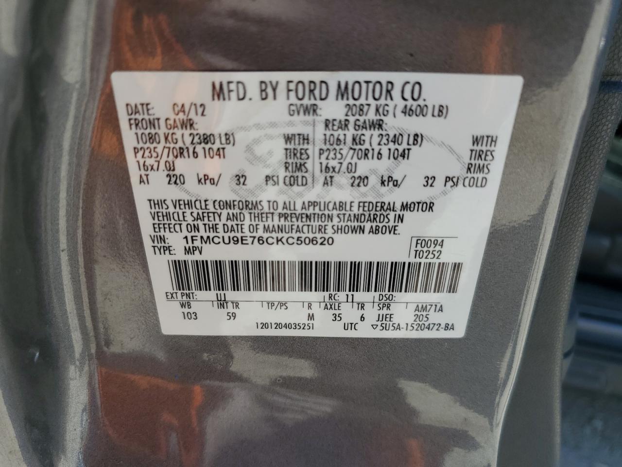 2012 Ford Escape Limited VIN: 1FMCU9E76CKC50620 Lot: 65203455