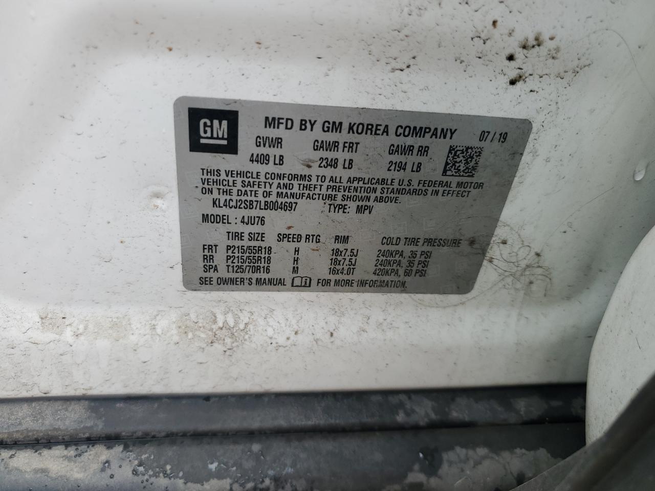 2020 Buick Encore Sport Touring VIN: KL4CJ2SB7LB004697 Lot: 65528025