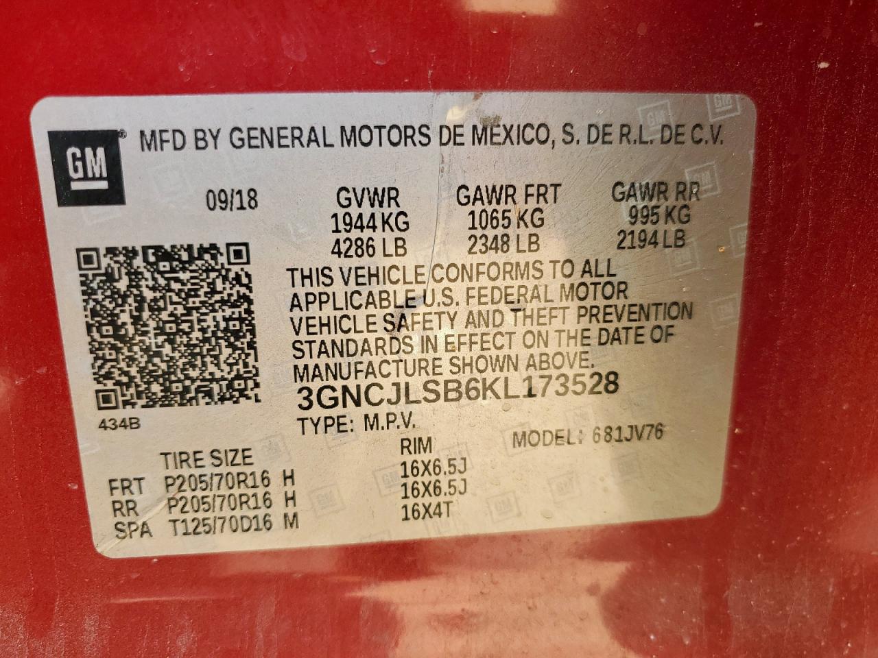 2019 Chevrolet Trax 1Lt VIN: 3GNCJLSB6KL173528 Lot: 64844115