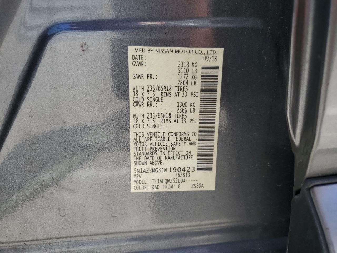 5N1AZ2MG3JN190423 2018 Nissan Murano S