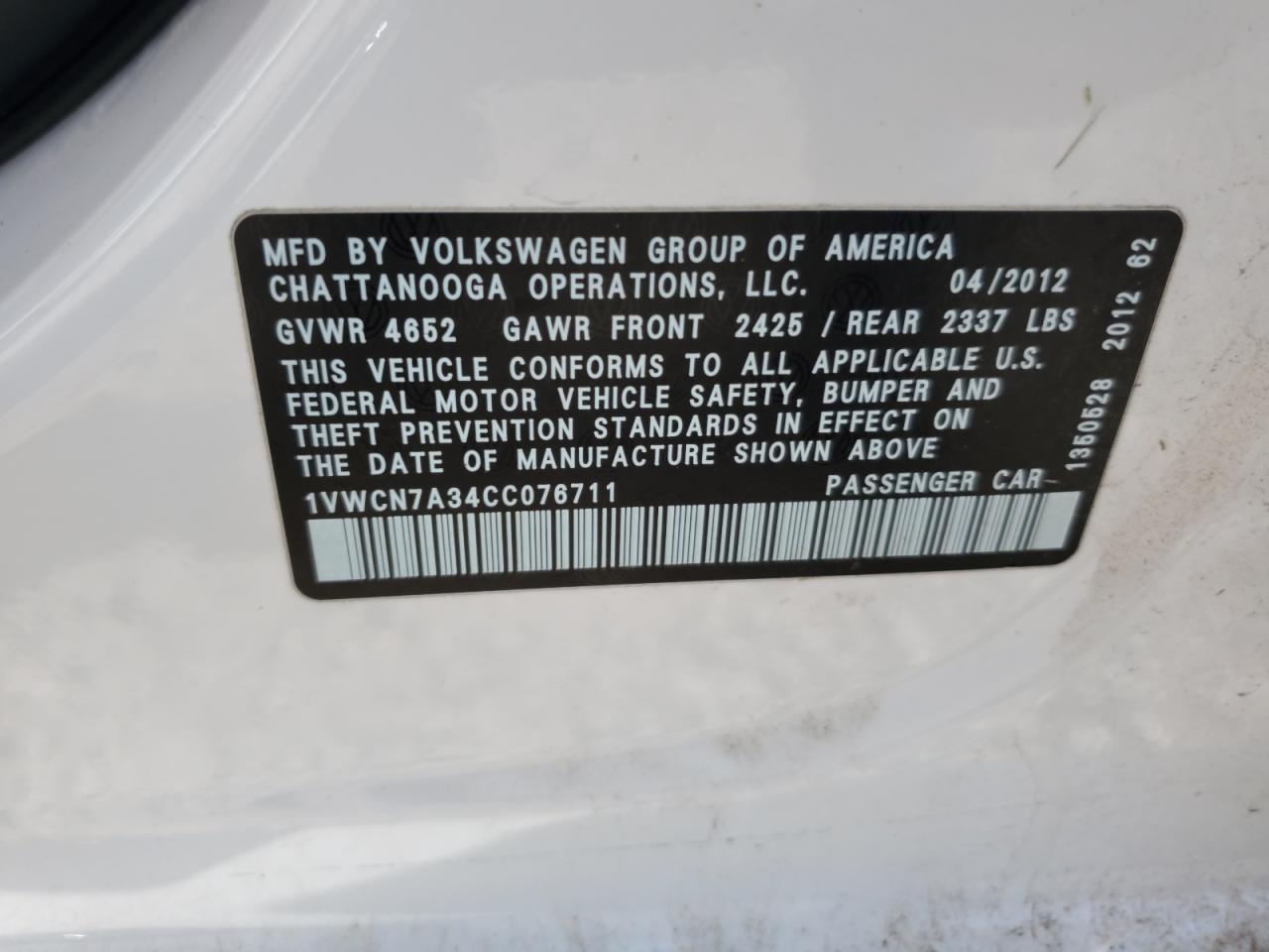 2012 Volkswagen Passat Sel VIN: 1VWCN7A34CC076711 Lot: 64752885