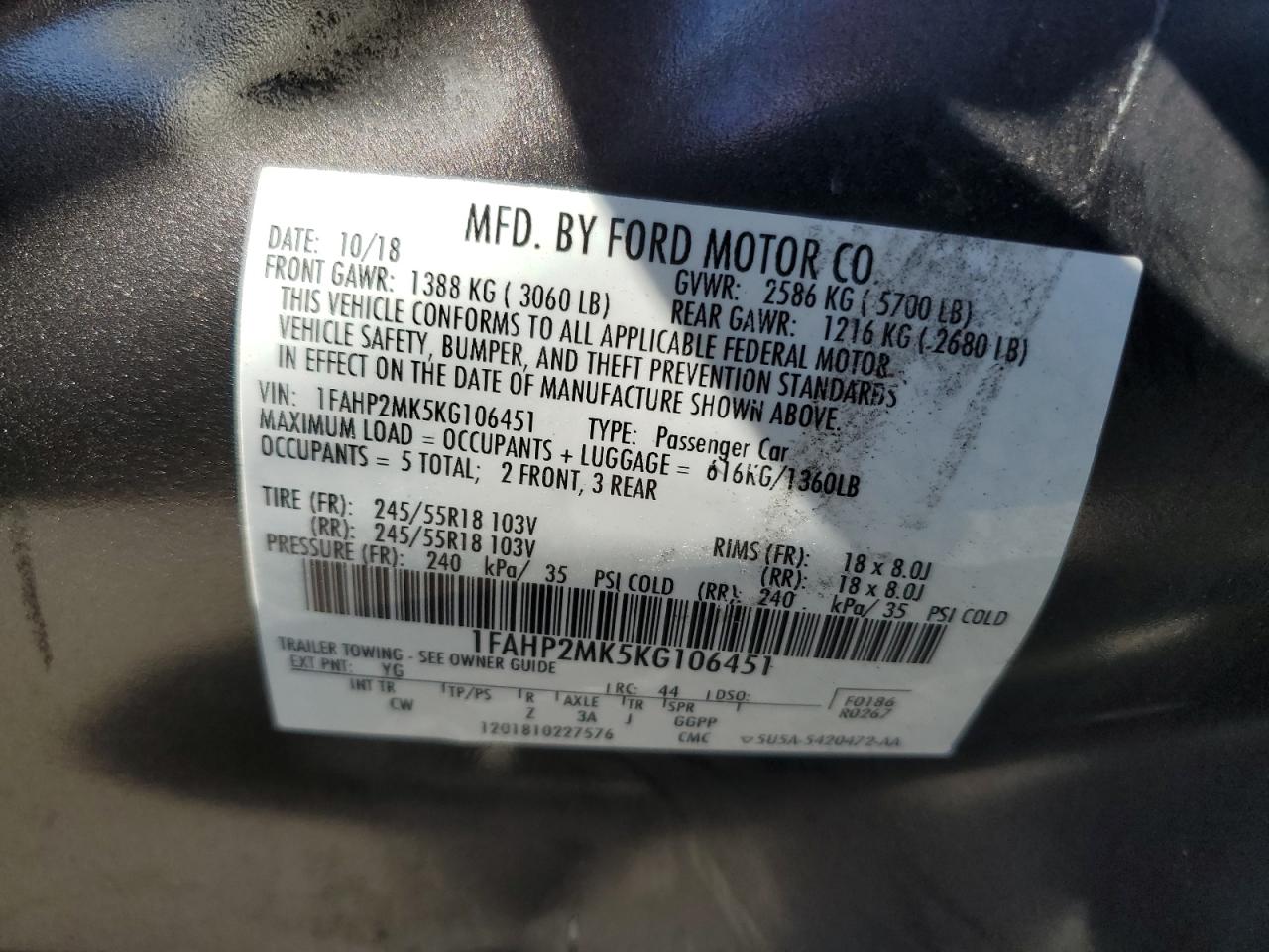 2019 Ford Taurus Police Interceptor VIN: 1FAHP2MK5KG106451 Lot: 64933865