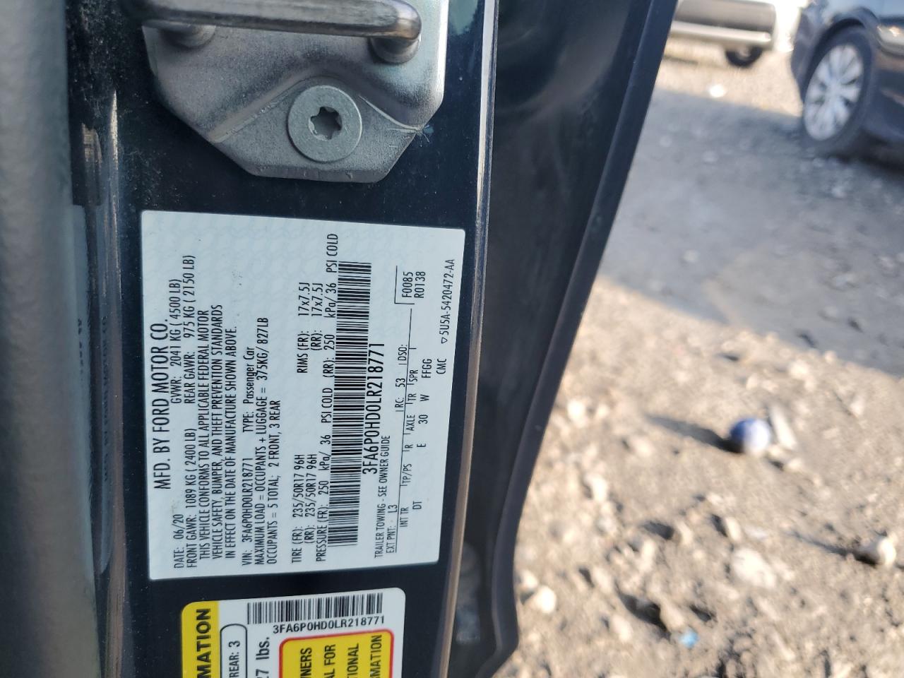 2020 Ford Fusion Se VIN: 3FA6P0HD0LR218771 Lot: 62123405