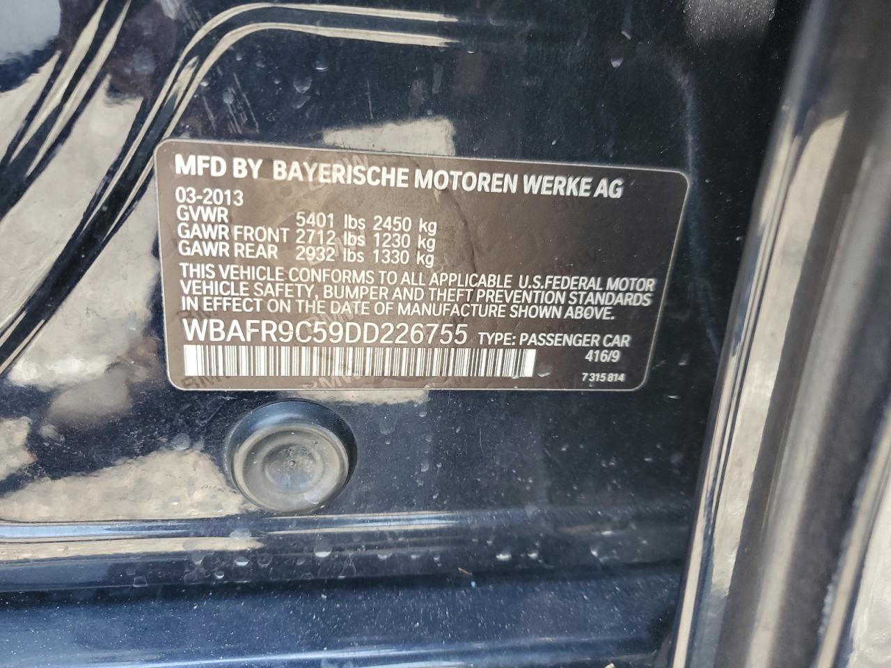 2013 BMW 550 I VIN: WBAFR9C59DD226755 Lot: 65438295