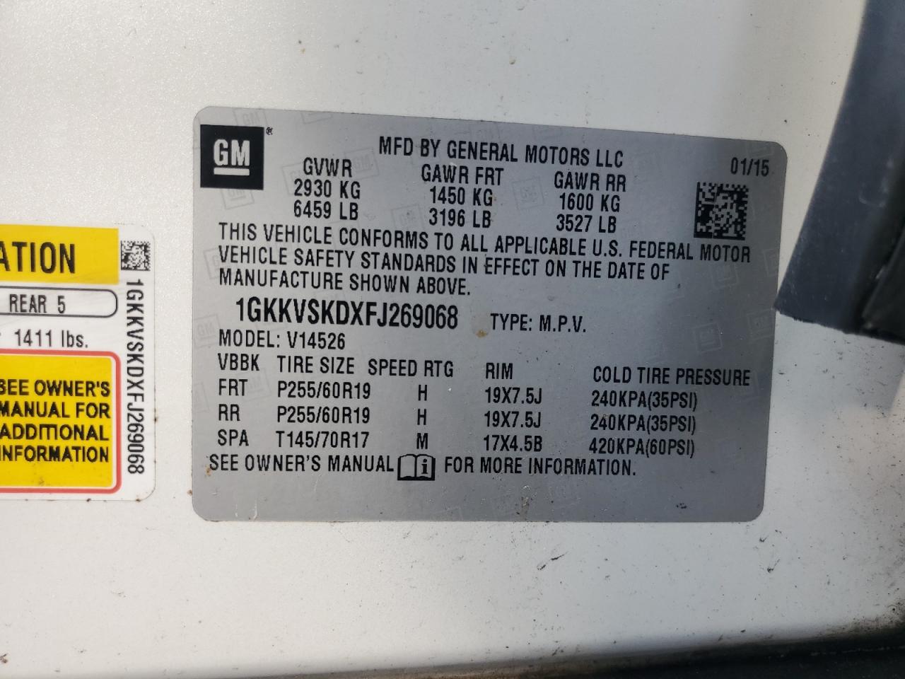 2015 GMC Acadia Slt-2 VIN: 1GKKVSKDXFJ269068 Lot: 65415745