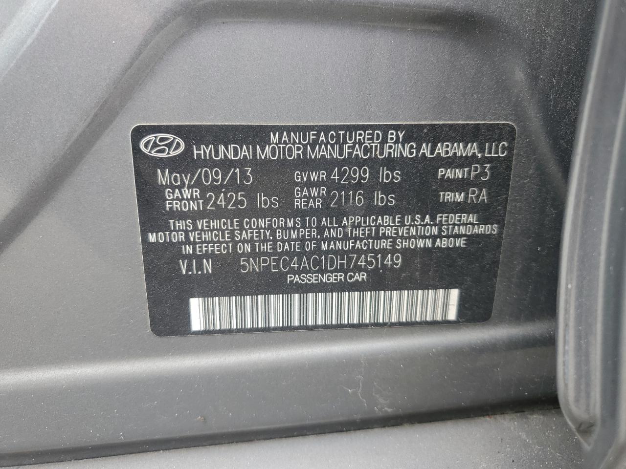 2013 Hyundai Sonata Se VIN: 5NPEC4AC1DH745149 Lot: 64383405