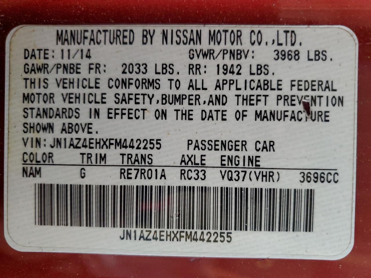 2015 Nissan 370Z Base VIN: JN1AZ4EHXFM442255 Lot: 65059825