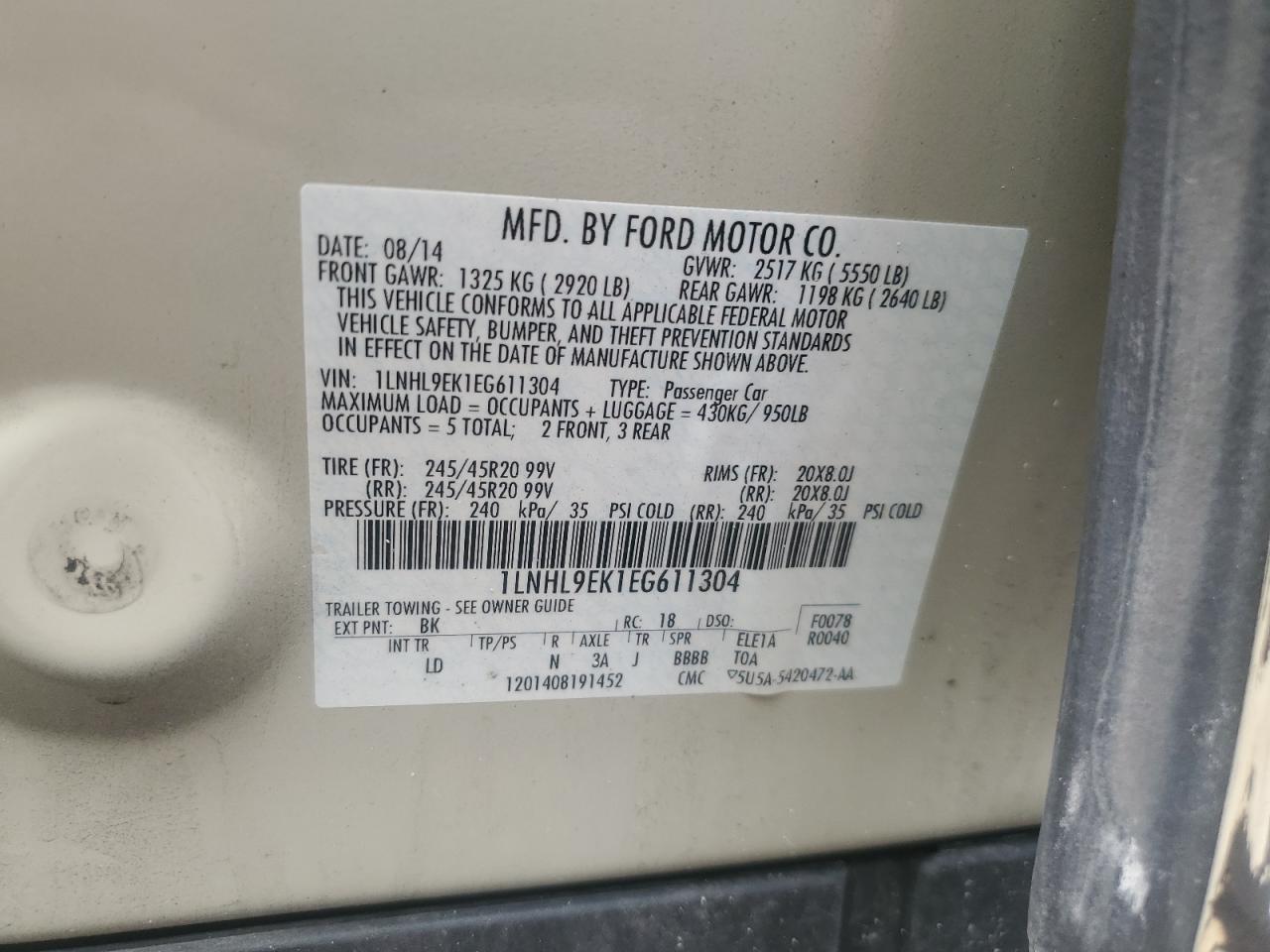 1LNHL9EK1EG611304 2014 Lincoln Mks