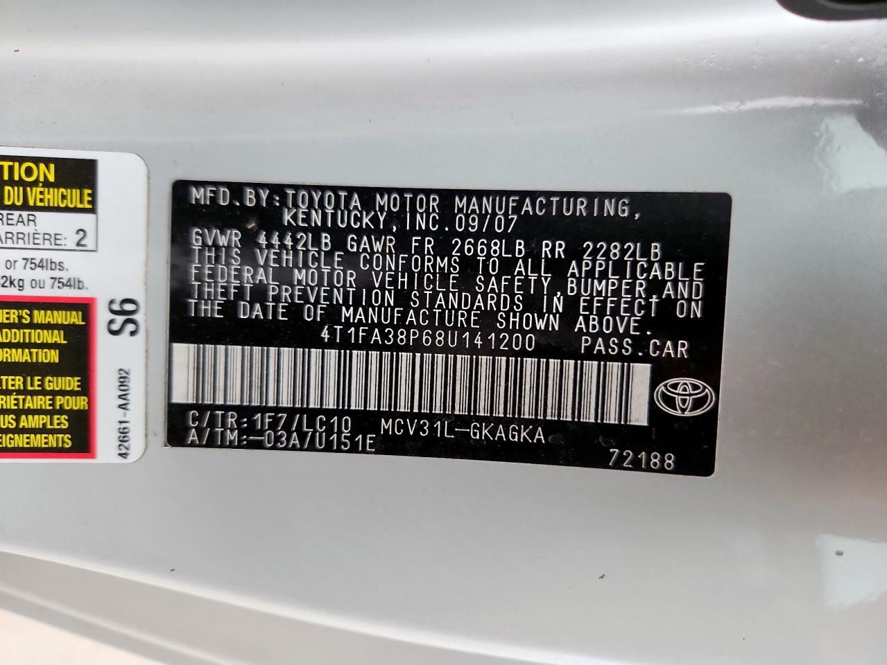2008 Toyota Camry Solara Se VIN: 4T1FA38P68U141200 Lot: 63489175
