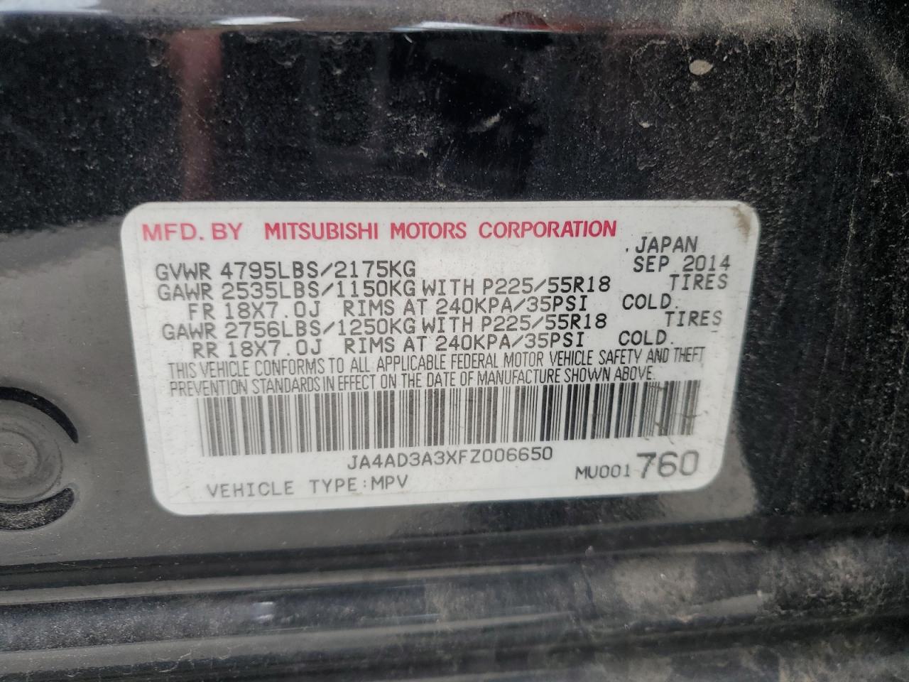 2015 Mitsubishi Outlander Se VIN: JA4AD3A3XFZ006650 Lot: 63136165