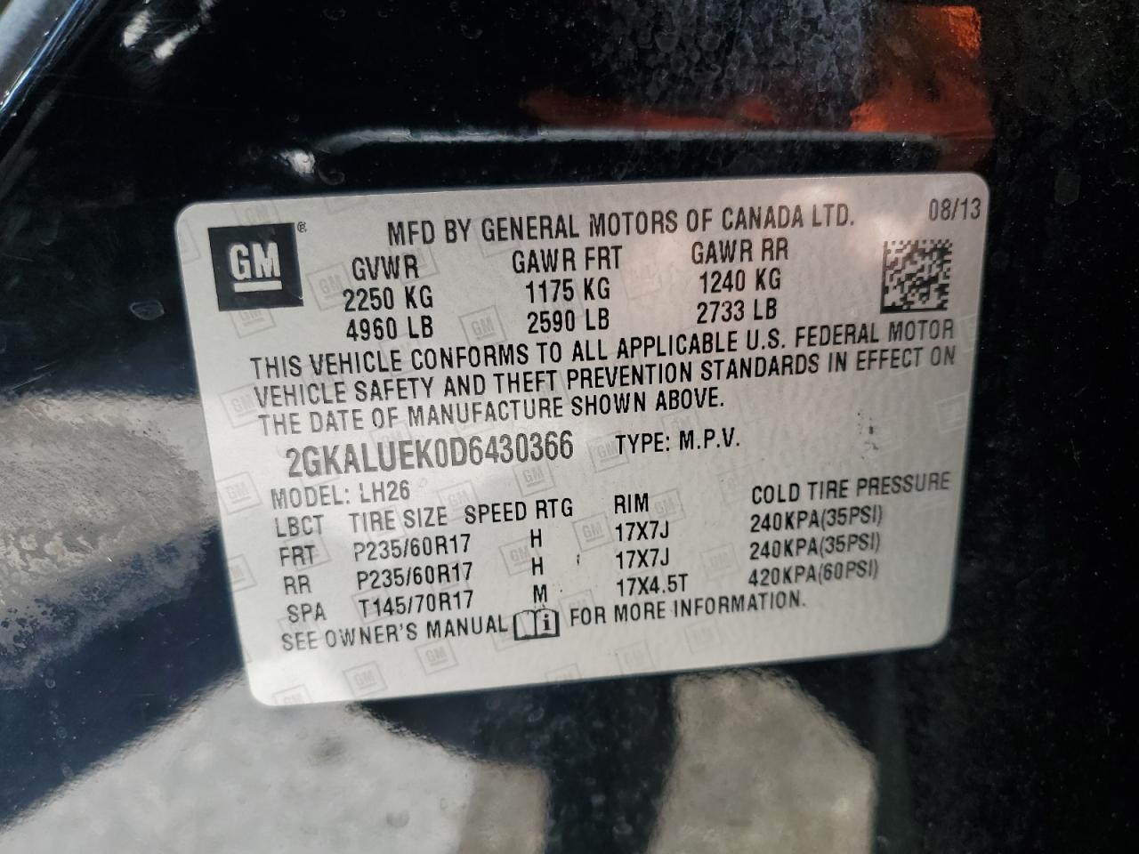 2013 GMC Terrain Slt VIN: 2GKALUEK0D6430366 Lot: 63562605