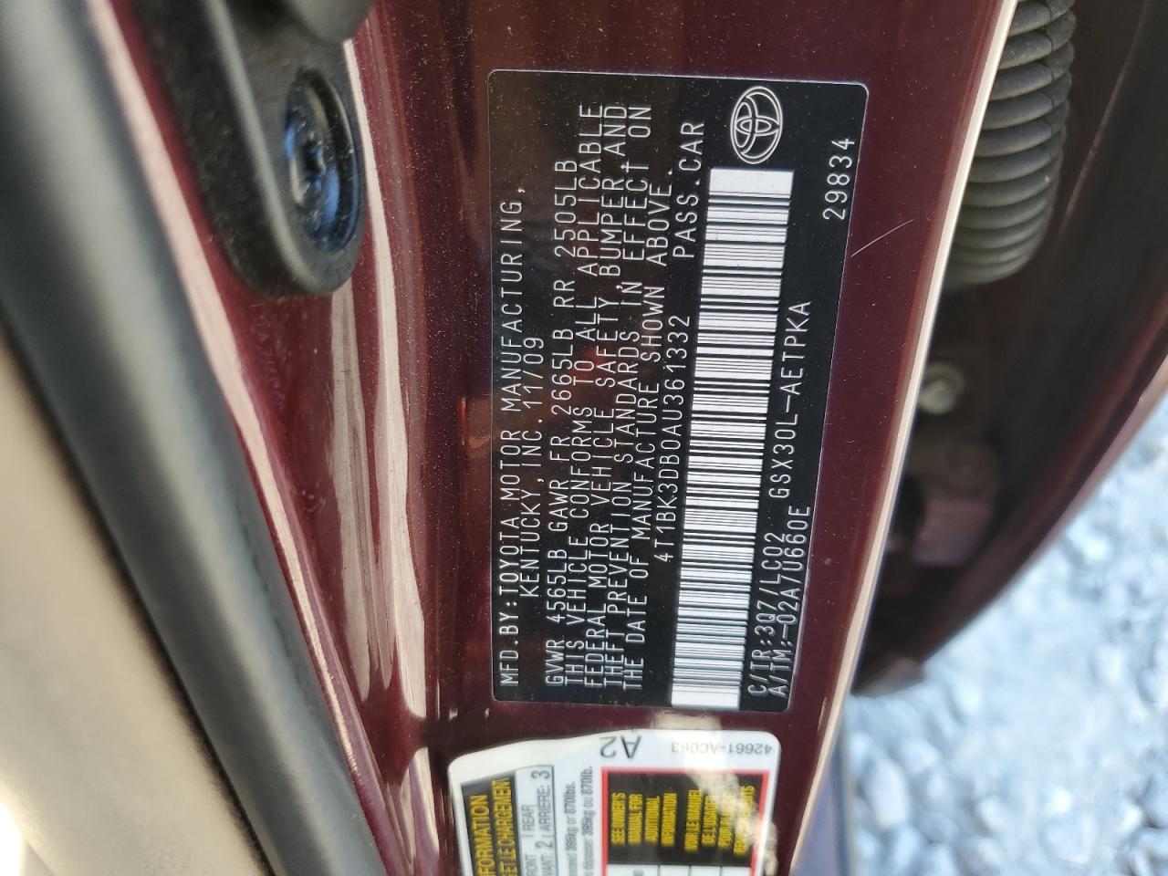 2010 Toyota Avalon Xl VIN: 4T1BK3DB0AU361332 Lot: 65443865