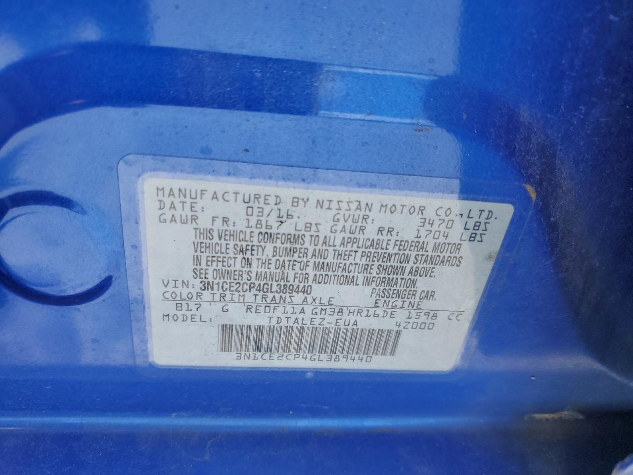 2016 Nissan Versa Note S VIN: 3N1CE2CP4GL389440 Lot: 65251255