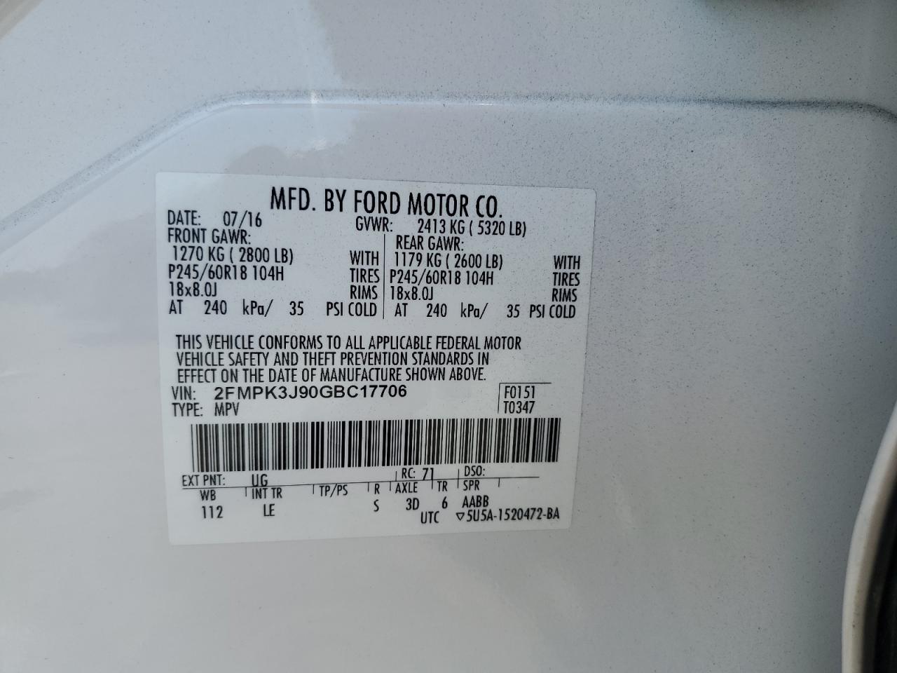 2016 Ford Edge Sel VIN: 2FMPK3J90GBC17706 Lot: 65730965