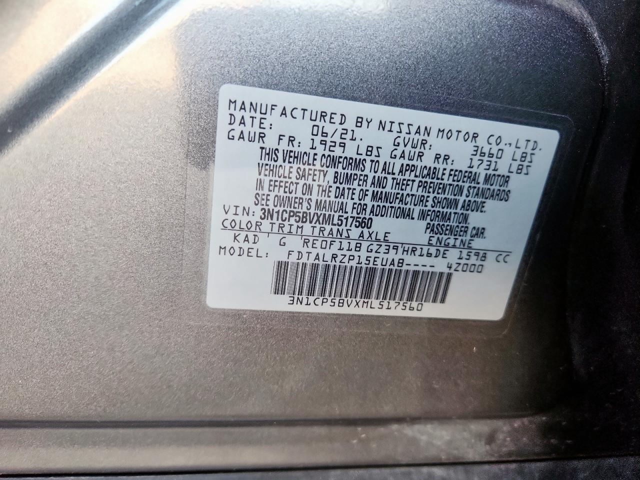 2021 Nissan Kicks S VIN: 3N1CP5BVXML517560 Lot: 65593455