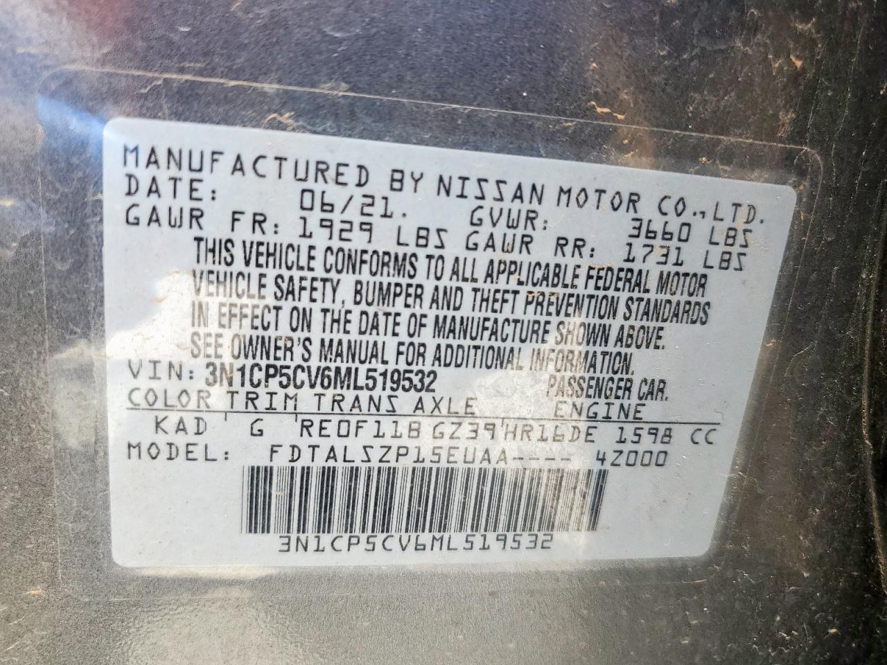 3N1CP5CV6ML519532 2021 Nissan Kicks Sv