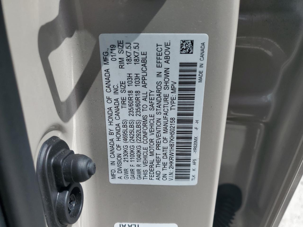 2019 Honda Cr-V Exl VIN: 2HKRW1H87KH502158 Lot: 65088095