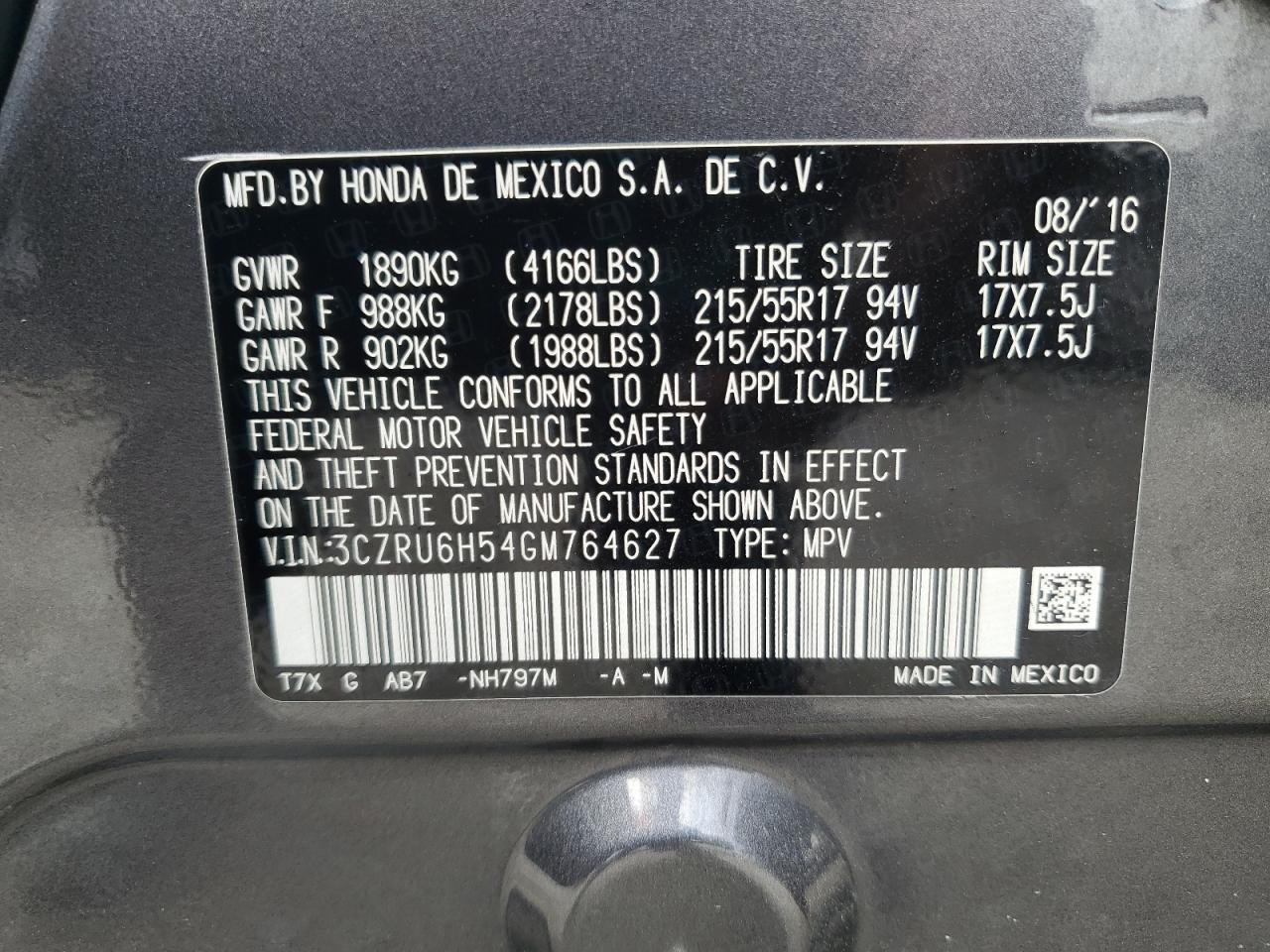 2016 Honda Hr-V Ex VIN: 3CZRU6H54GM764627 Lot: 65005335