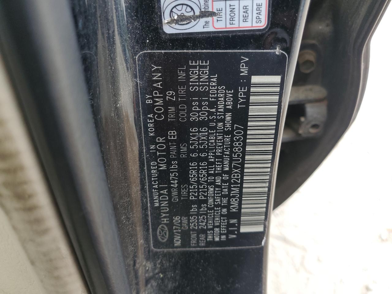 2007 Hyundai Tucson Gls VIN: KM8JM12BX7U588307 Lot: 63858695