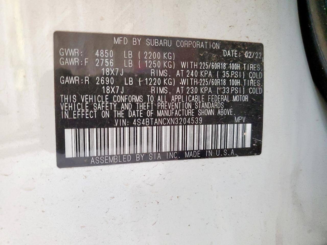2022 Subaru Outback Limited VIN: 4S4BTANCXN3204539 Lot: 64526565