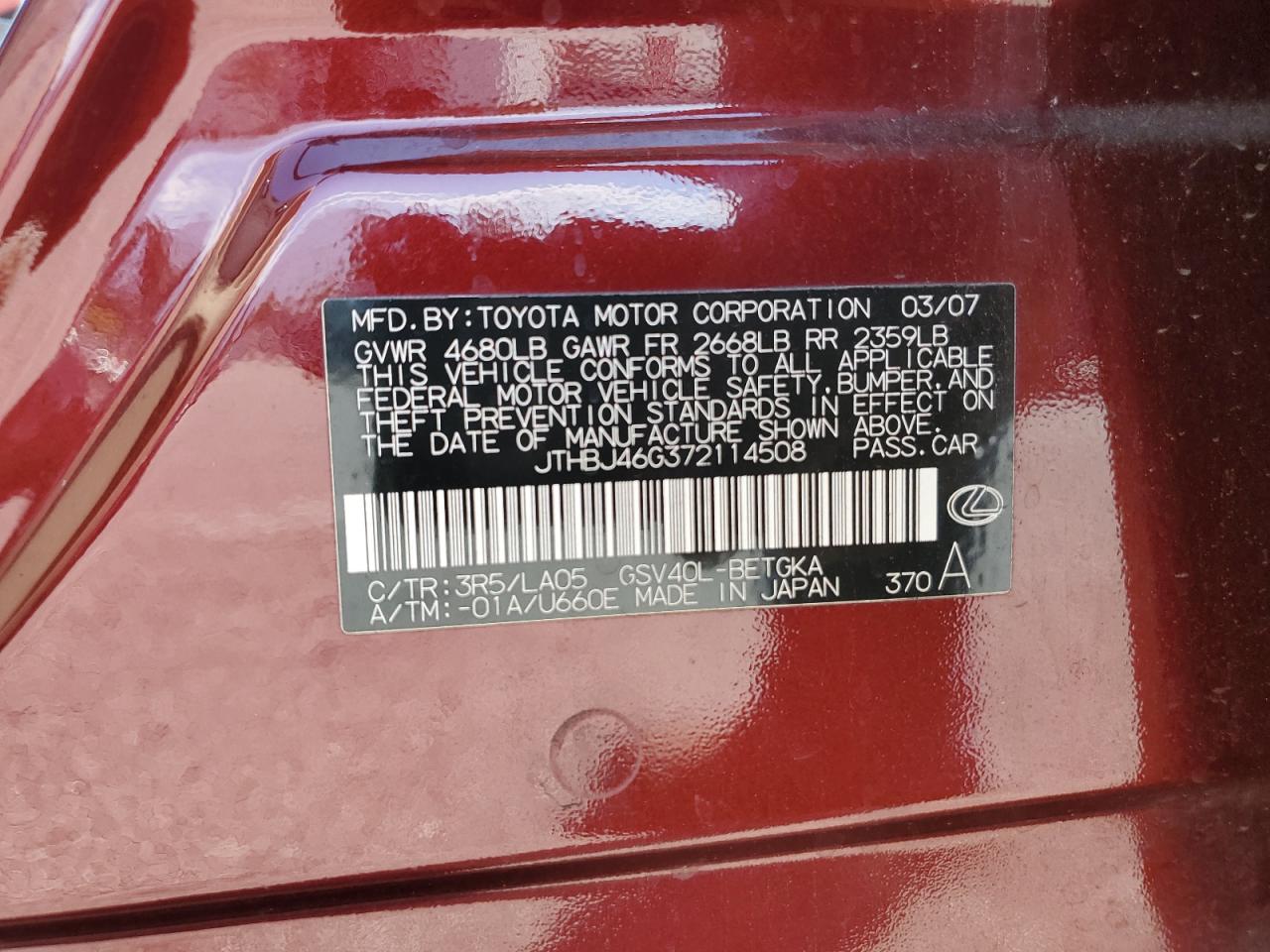 2007 Lexus Es 350 VIN: JTHBJ46G372114508 Lot: 63911705