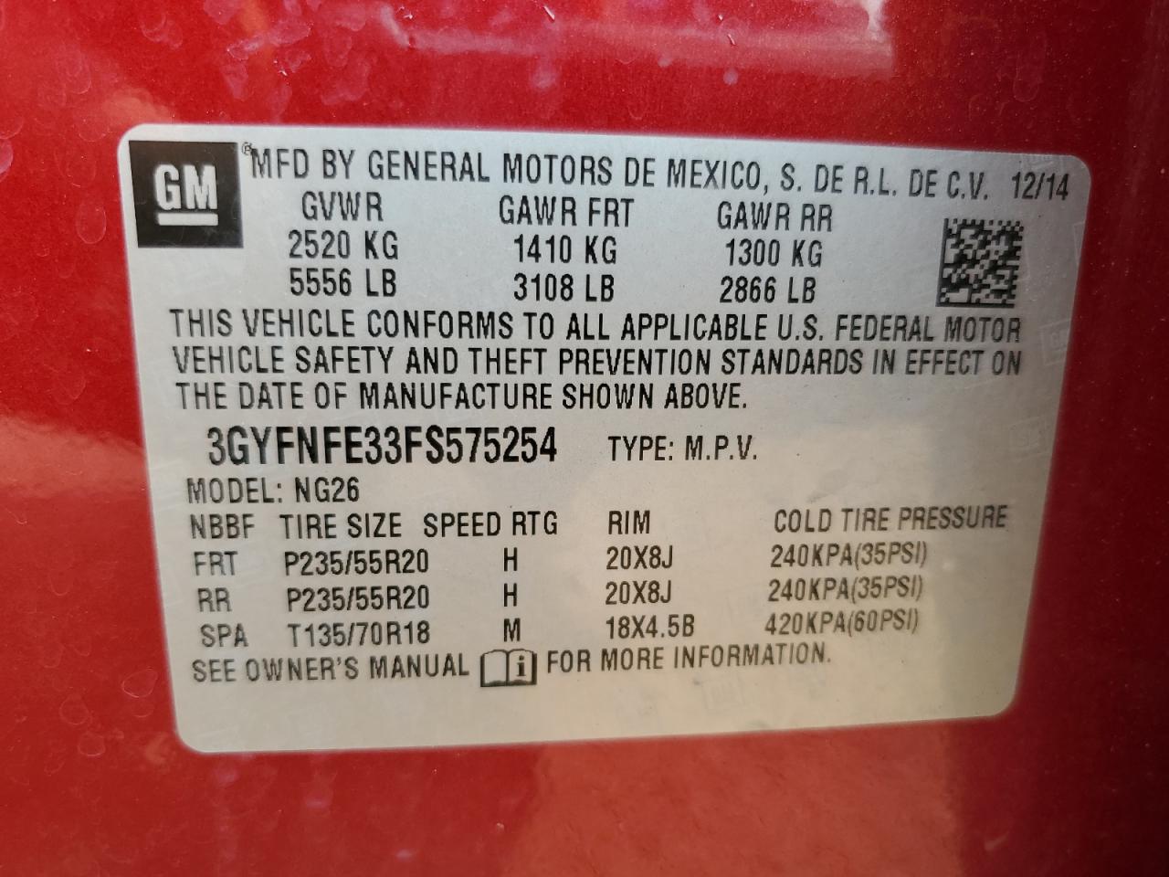 2015 Cadillac Srx Performance Collection VIN: 3GYFNFE33FS575254 Lot: 67310025