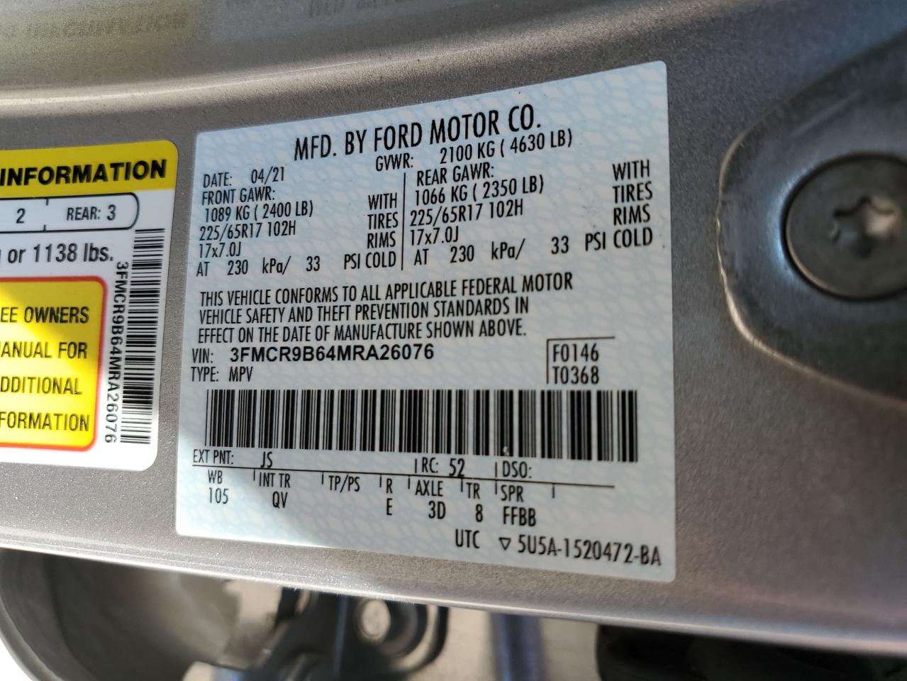 2021 Ford Bronco Sport Big Bend VIN: 3FMCR9B64MRA26076 Lot: 66152075