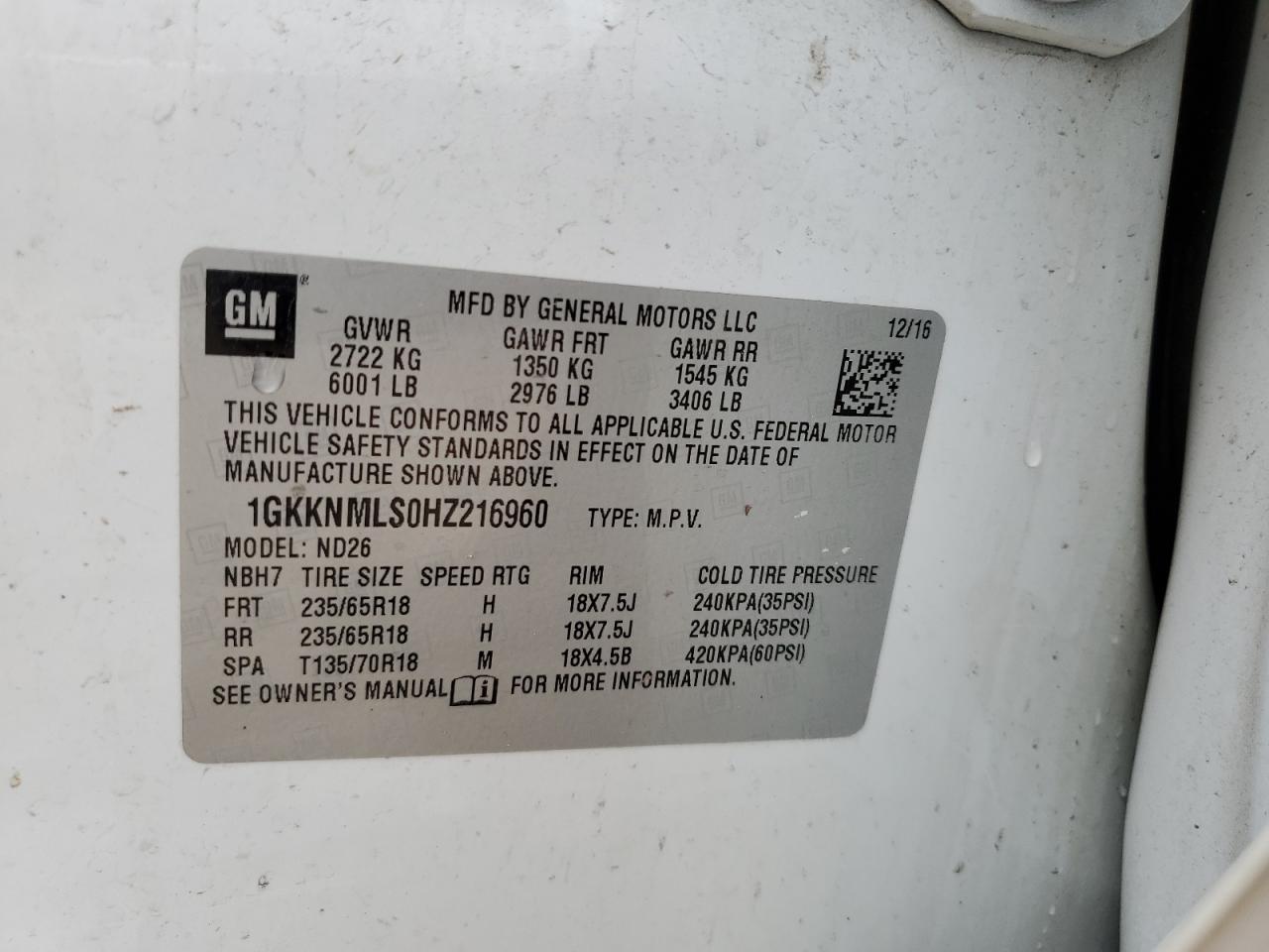 2017 GMC Acadia Slt-1 VIN: 1GKKNMLS0HZ216960 Lot: 65259545
