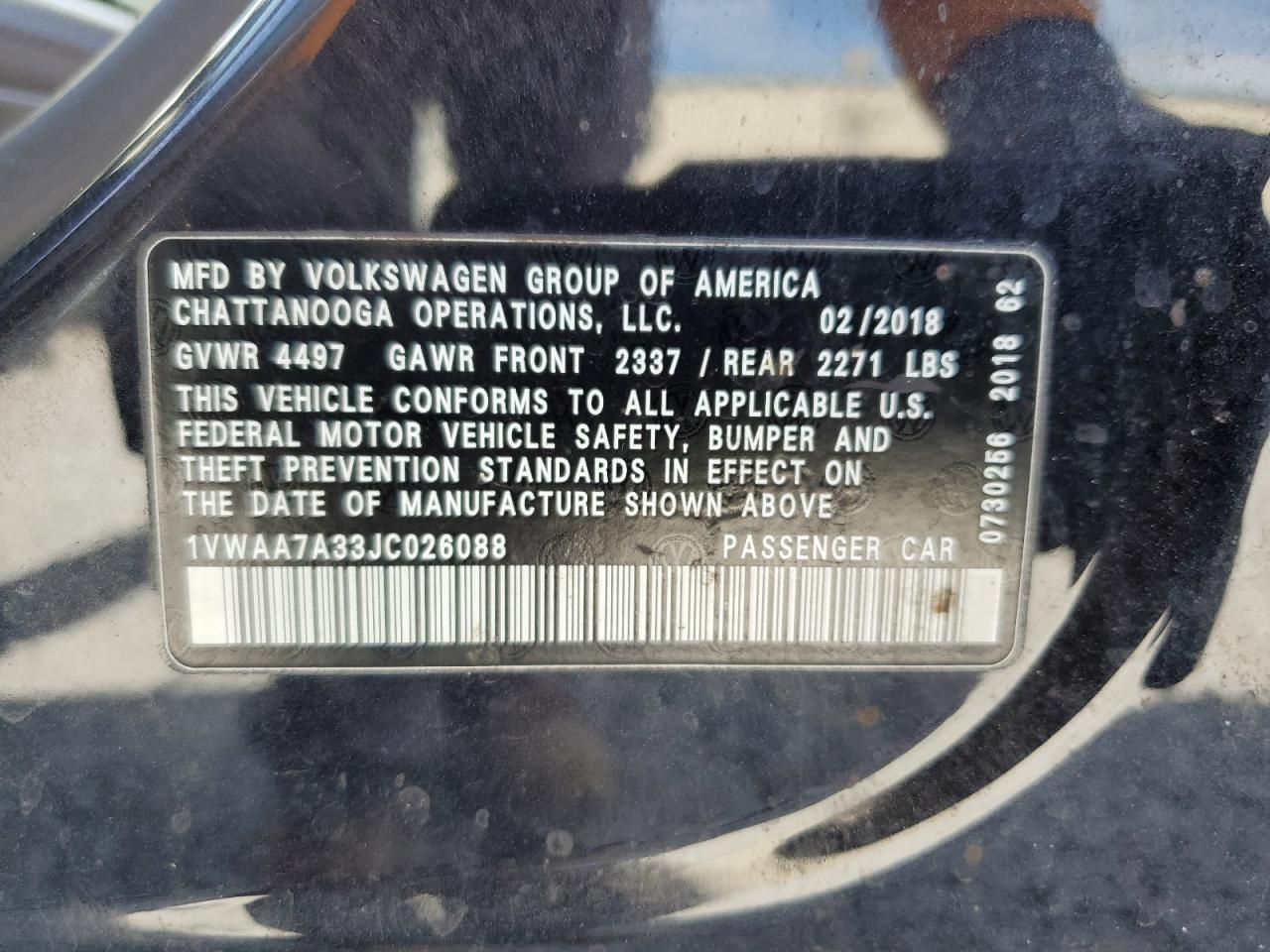2018 Volkswagen Passat S VIN: 1VWAA7A33JC026088 Lot: 65312455