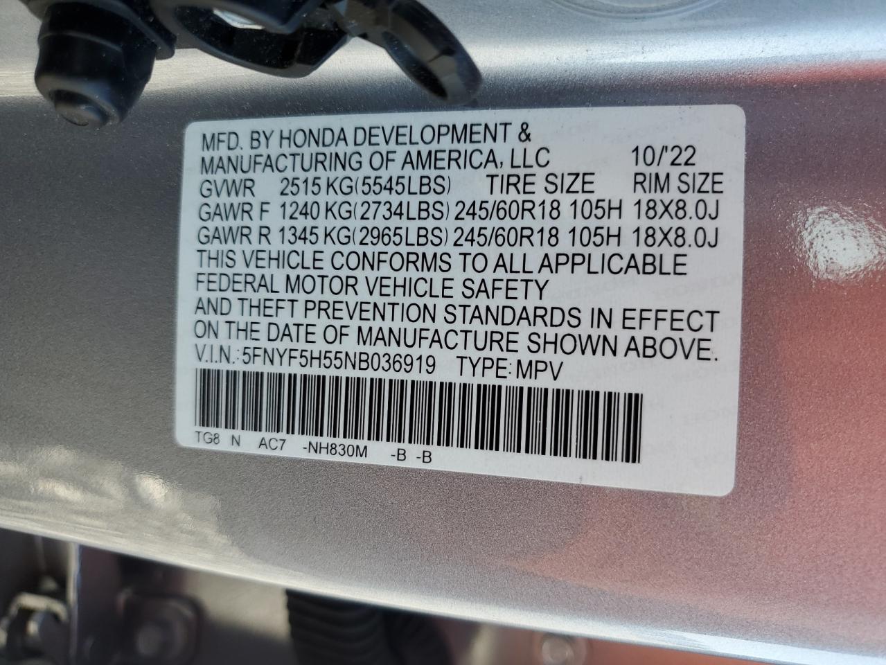 2022 Honda Pilot Exl VIN: 5FNYF5H55NB036919 Lot: 65321105