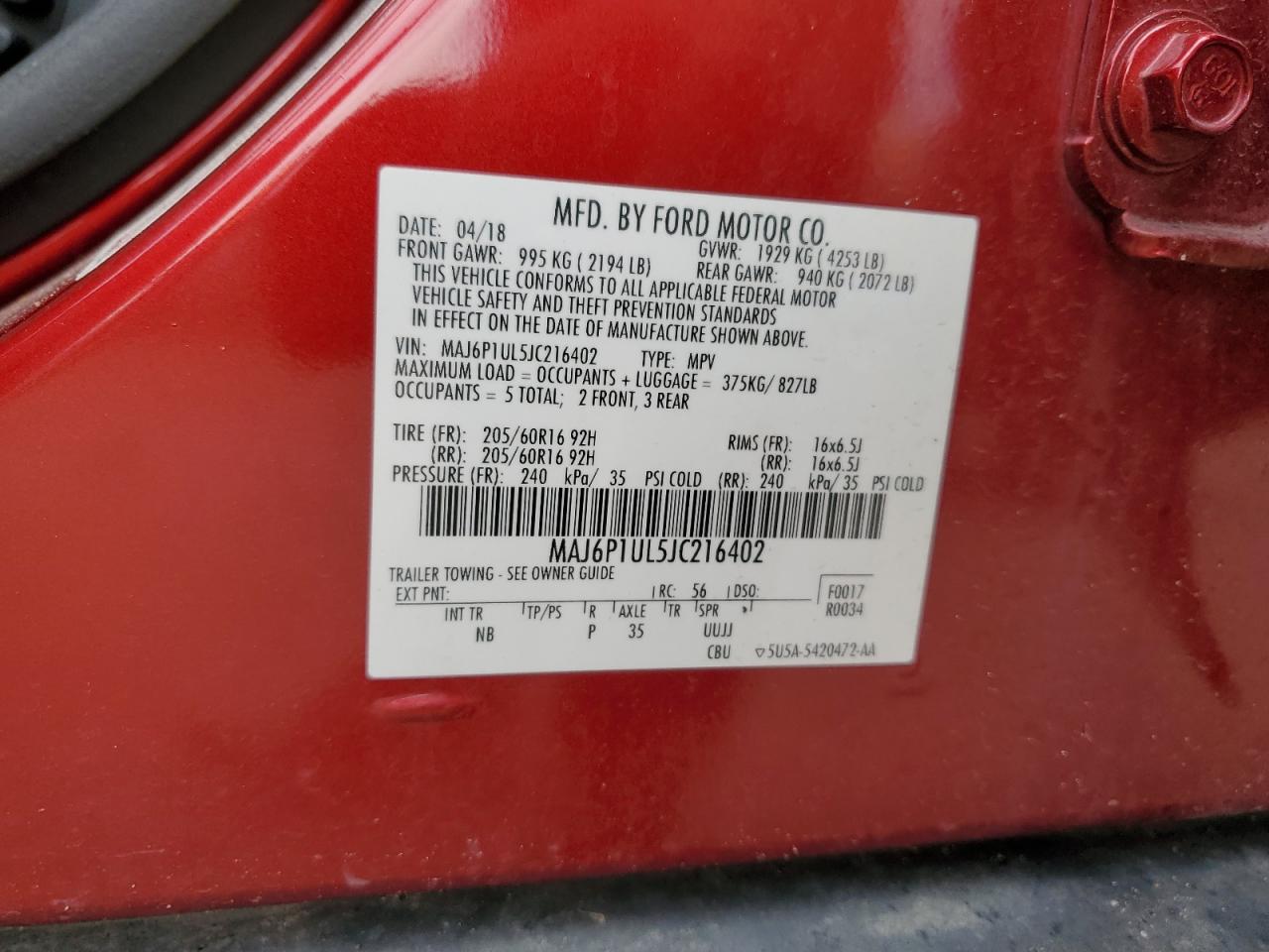 2018 Ford Ecosport Se VIN: MAJ6P1UL5JC216402 Lot: 65214315