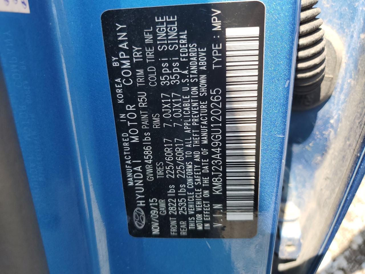 2016 Hyundai Tucson Se VIN: KM8J23A49GU120265 Lot: 63974675