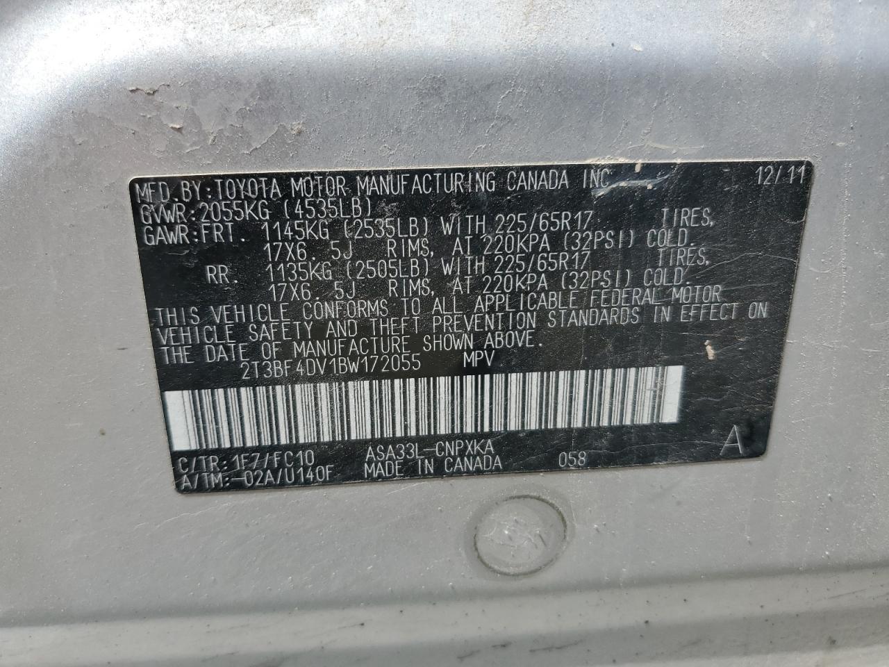 2011 Toyota Rav4 VIN: 2T3BF4DV1BW172055 Lot: 65980755