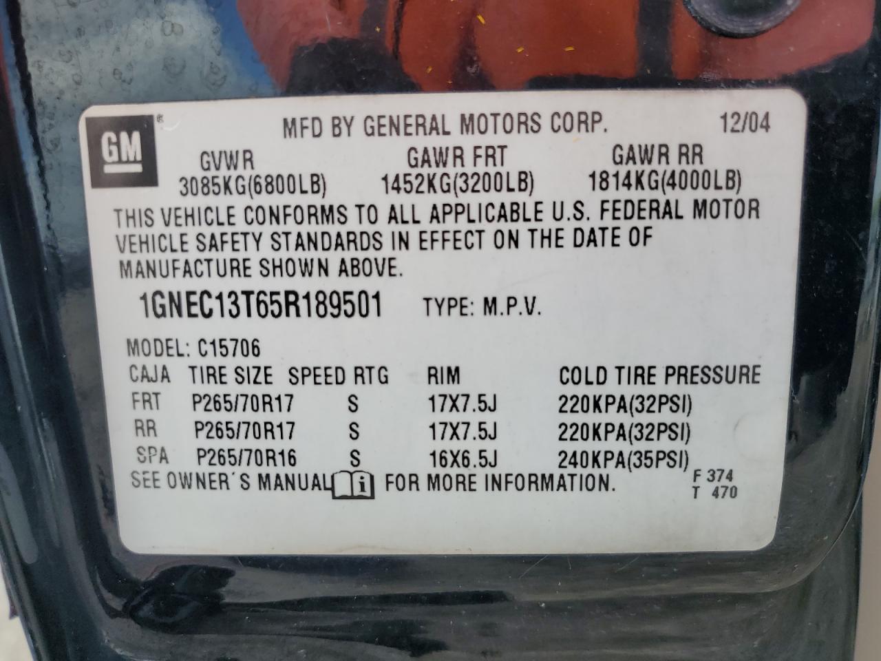 2005 Chevrolet Tahoe C1500 VIN: 1GNEC13T65R189501 Lot: 65739245