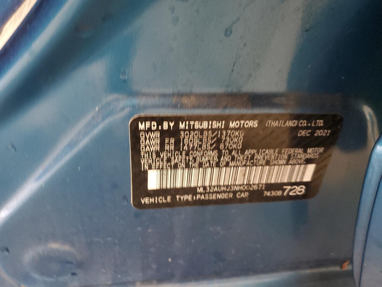 ml32auhj3nh002671 ML32AUHJ3NH002671 2022 Mitsubishi Mirage Es