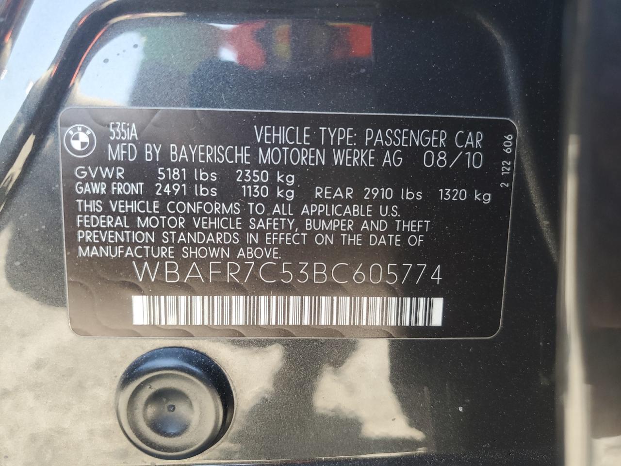 2011 BMW 535 I VIN: WBAFR7C53BC605774 Lot: 65441865