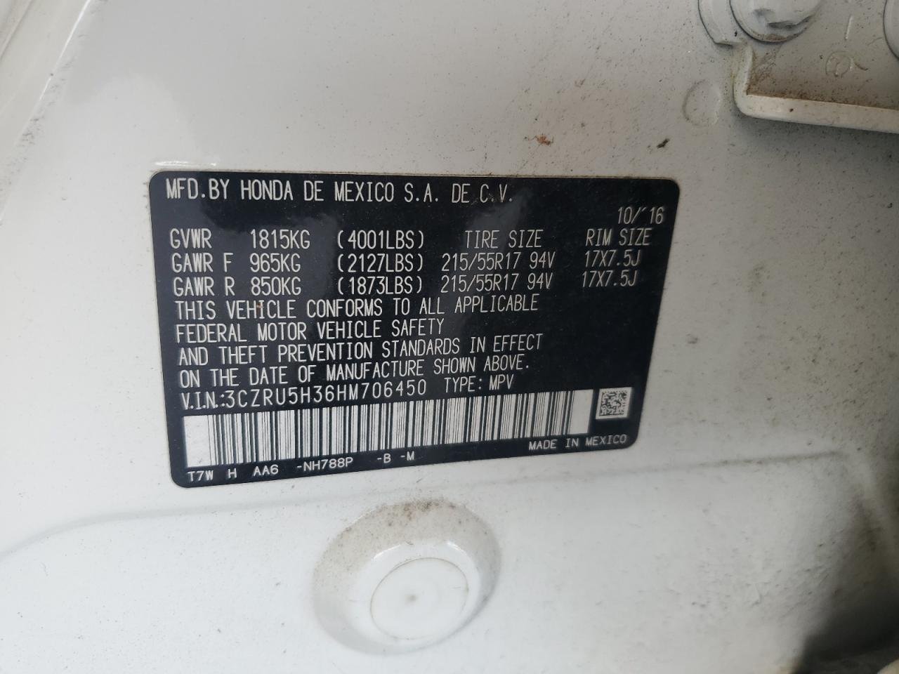 2017 Honda Hr-V Lx VIN: 3CZRU5H36HM706450 Lot: 64821995
